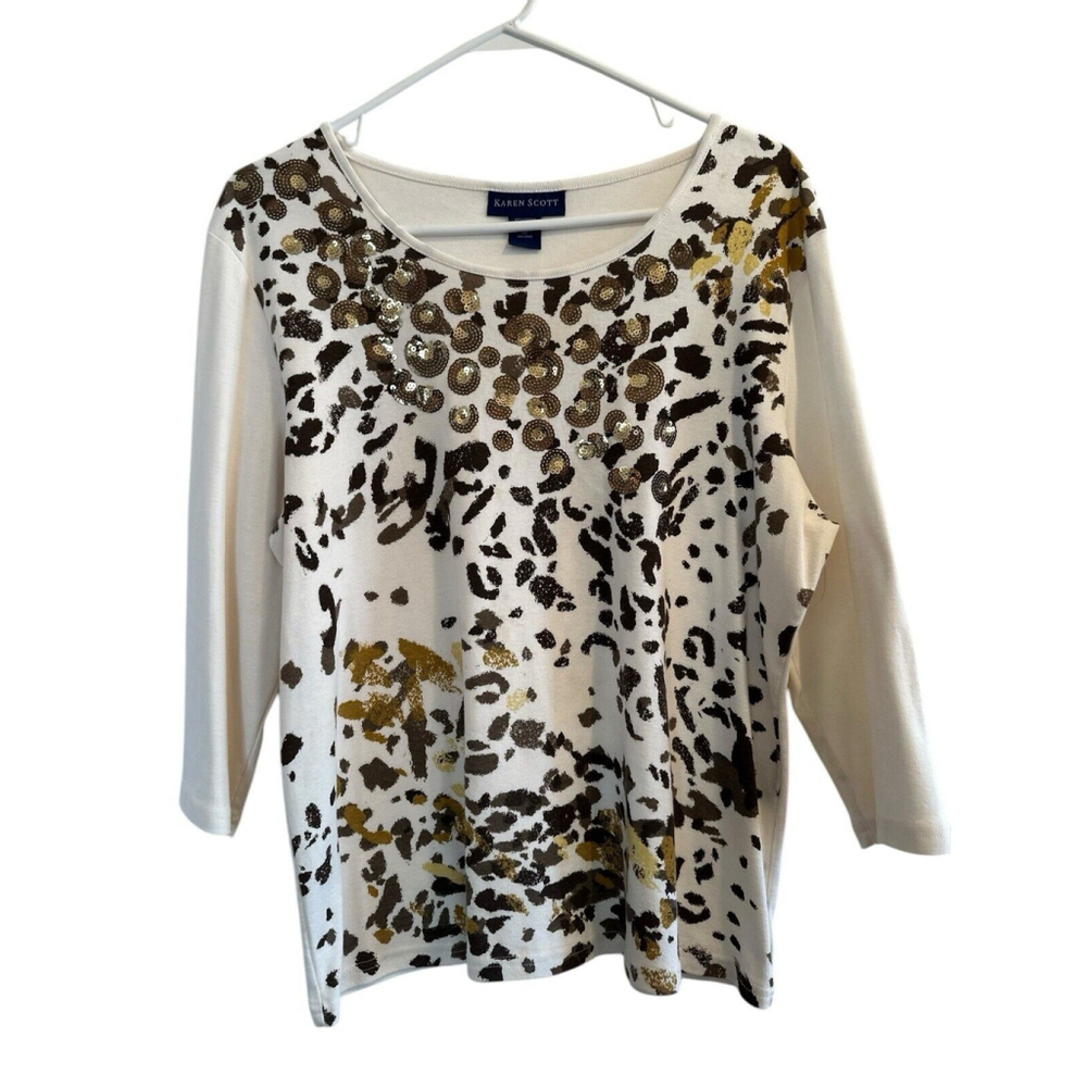 Karen Scott Blouse Gold Sequins Animal Print 3/4 Sleeves Womens XL Soft